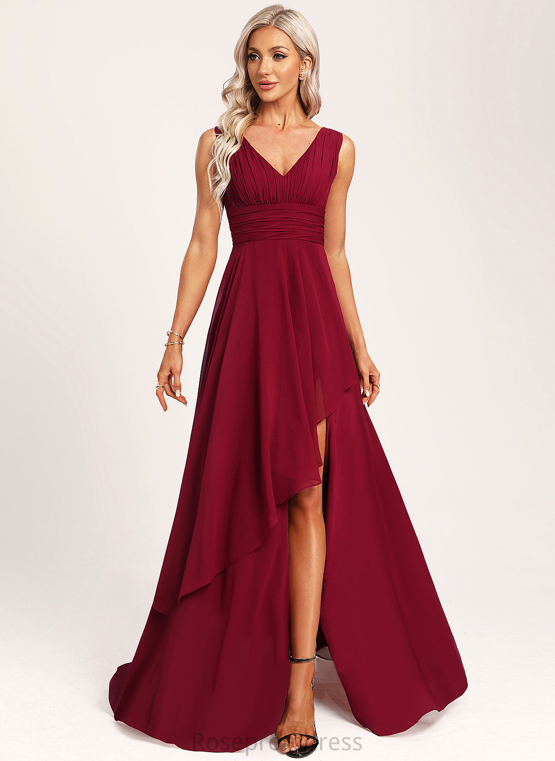 Silhouette Length Floor-Length A-Line Neckline Fabric Ruffle V-neck Embellishment Taliyah Bridesmaid Dresses