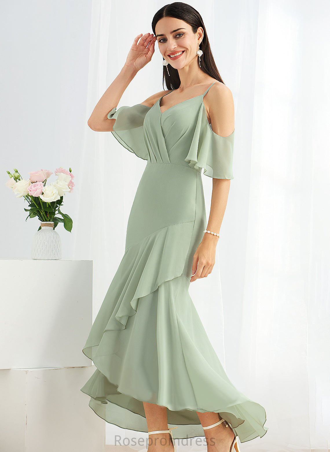 Trumpet/Mermaid Journey Cocktail Dresses With Cocktail Chiffon Asymmetrical Dress V-neck Ruffle