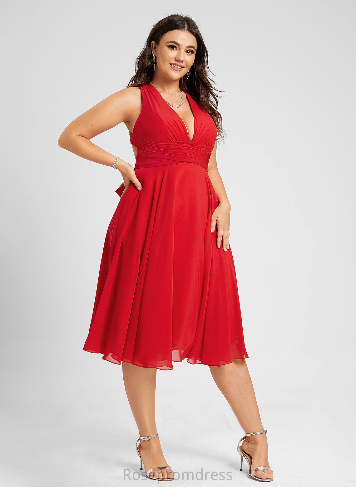 Dress V-neck Chiffon Carolina Cocktail Dresses Knee-Length Cocktail With Bow(s) A-Line Ruffle