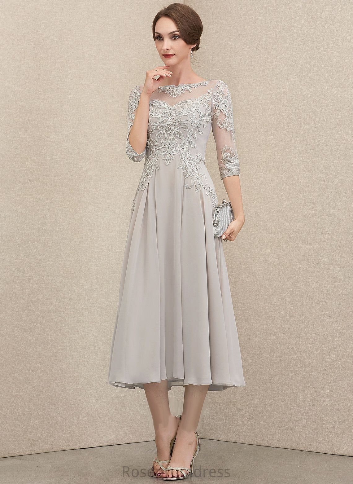 the Sequins Tea-Length Beading Mother Dress Lace Neck With A-Line of Mother of the Bride Dresses Annika Chiffon Bride Scoop