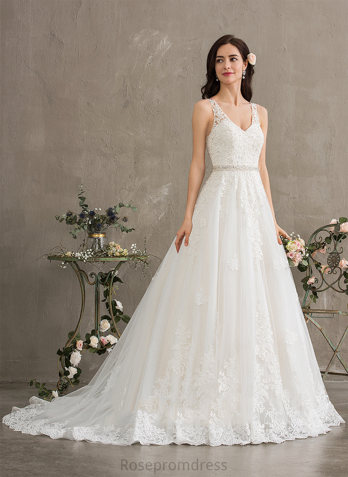 Wedding Dresses V-neck Court Beading Kenna Train With Sequins Ball-Gown/Princess Wedding Lace Dress Tulle