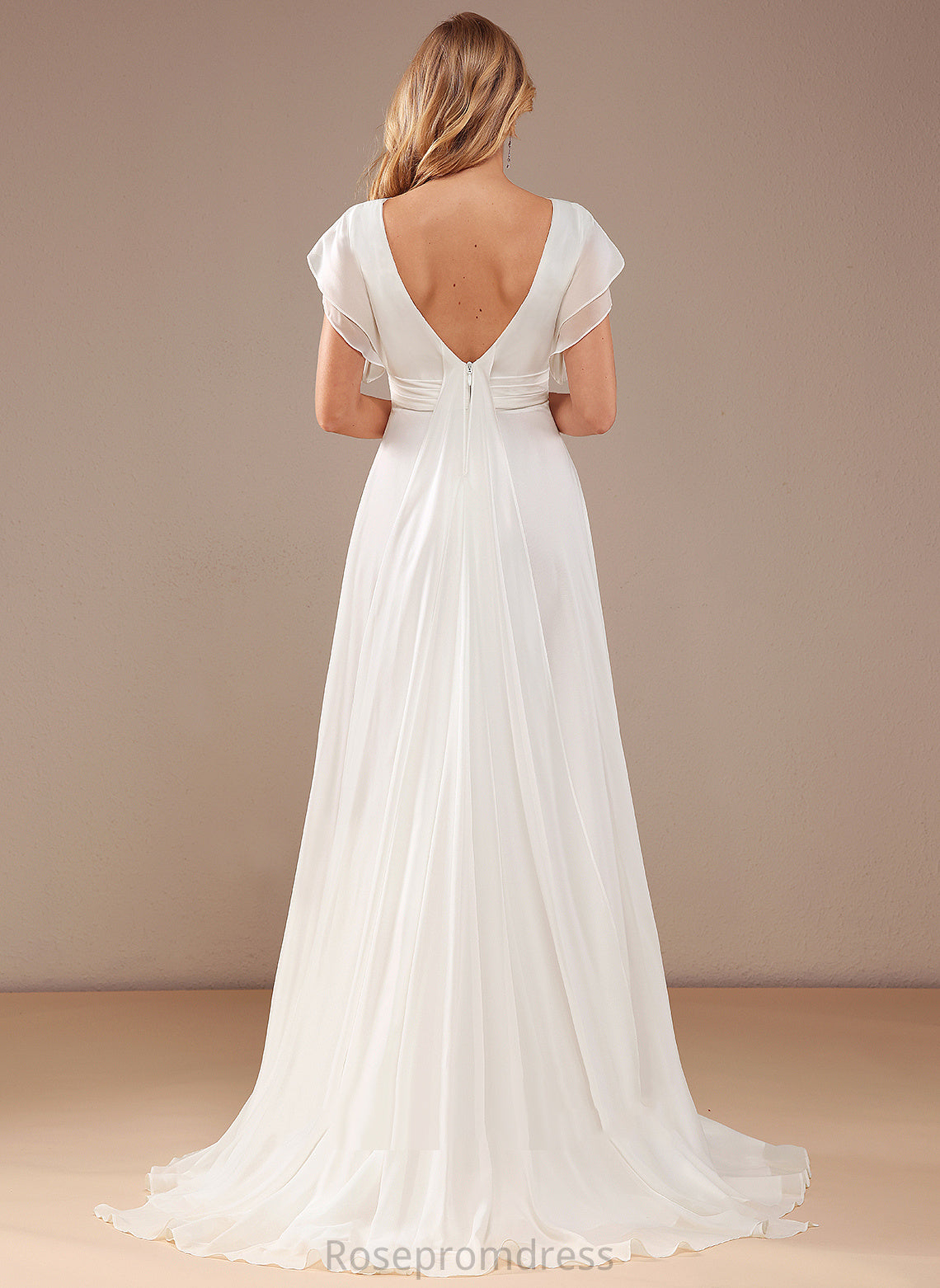 Neck Scoop Beading A-Line Aliya With Wedding Sweep Dress Train Chiffon Wedding Dresses