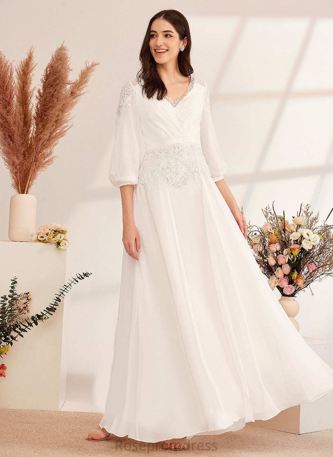 V-neck Wedding Dresses Lizbeth Dress Lace Floor-Length Wedding Chiffon With A-Line