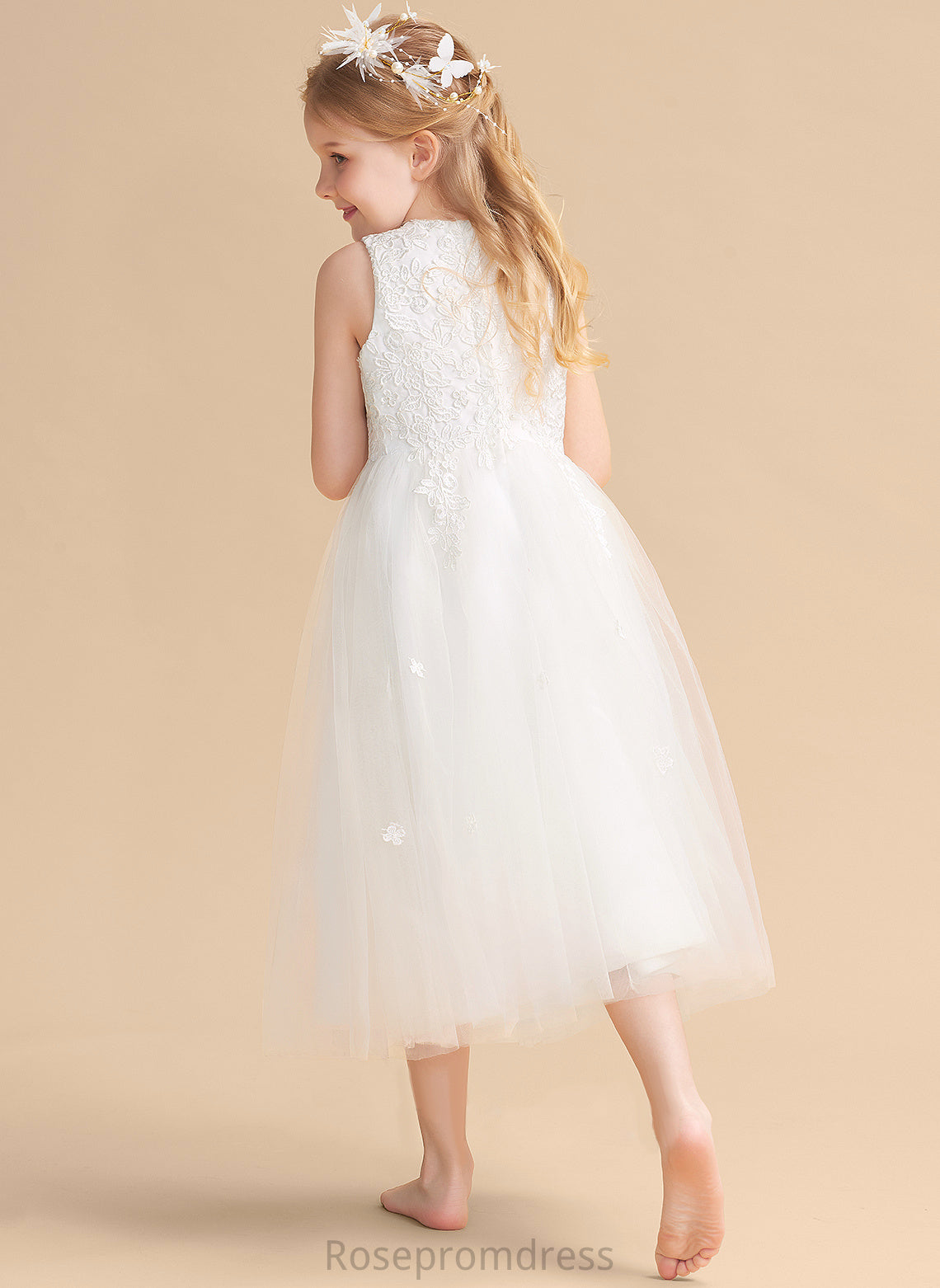 With Neck Girl Flower Girl Dresses A-Line Sleeveless Scoop Bow(s) - Satin/Tulle Tea-length Flower Dress Danika