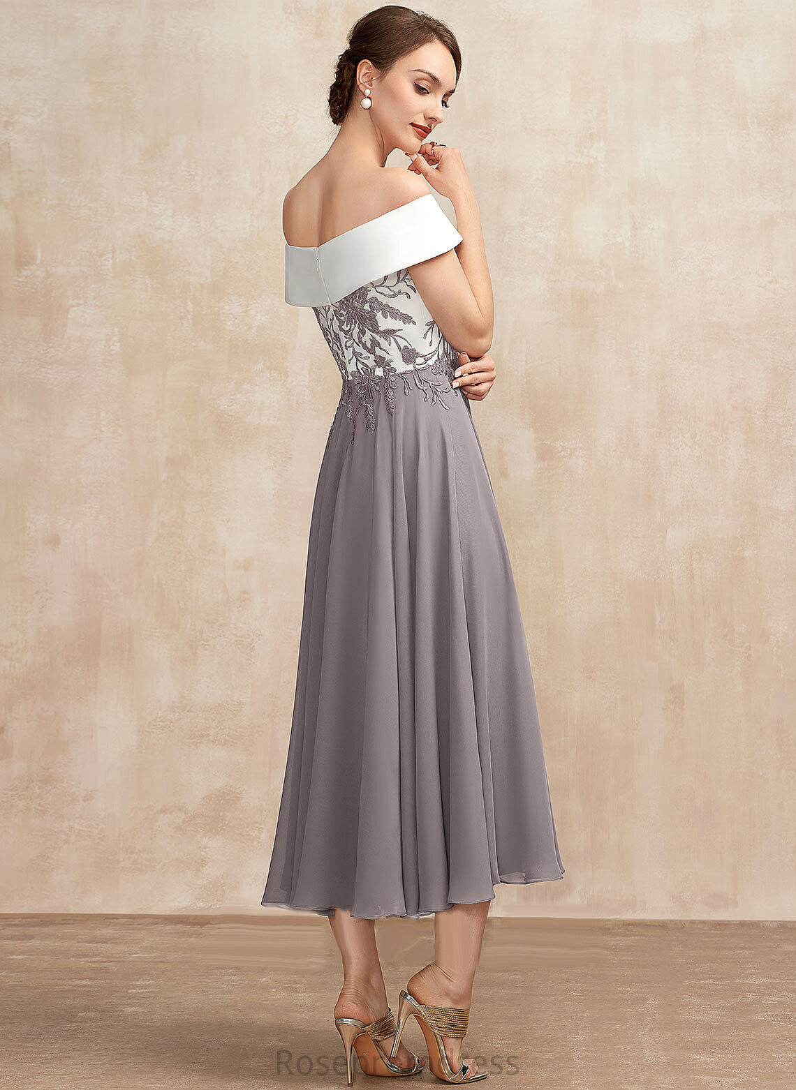 Lace A-Line Dress Tea-Length of Off-the-Shoulder Mother Bride Priscilla Mother of the Bride Dresses the Chiffon