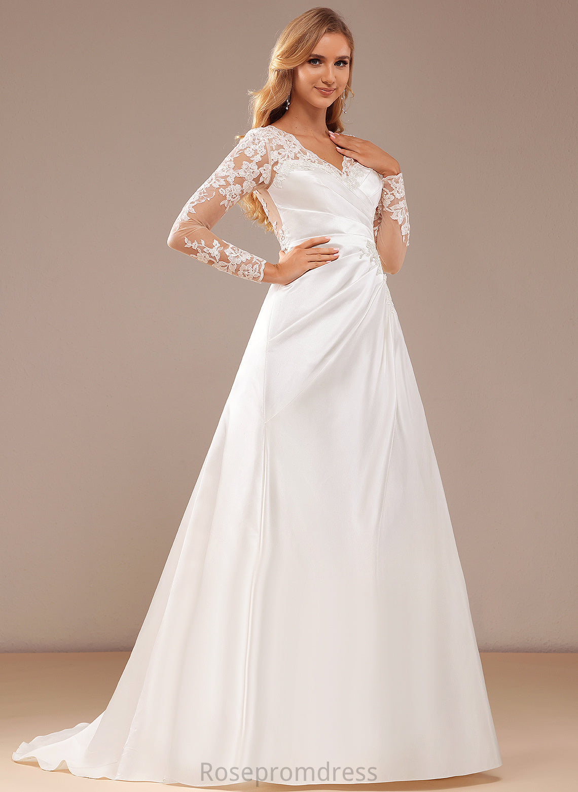 Lace Renata Satin Train A-Line Wedding Dresses Sequins Wedding Lace Court Dress V-neck With