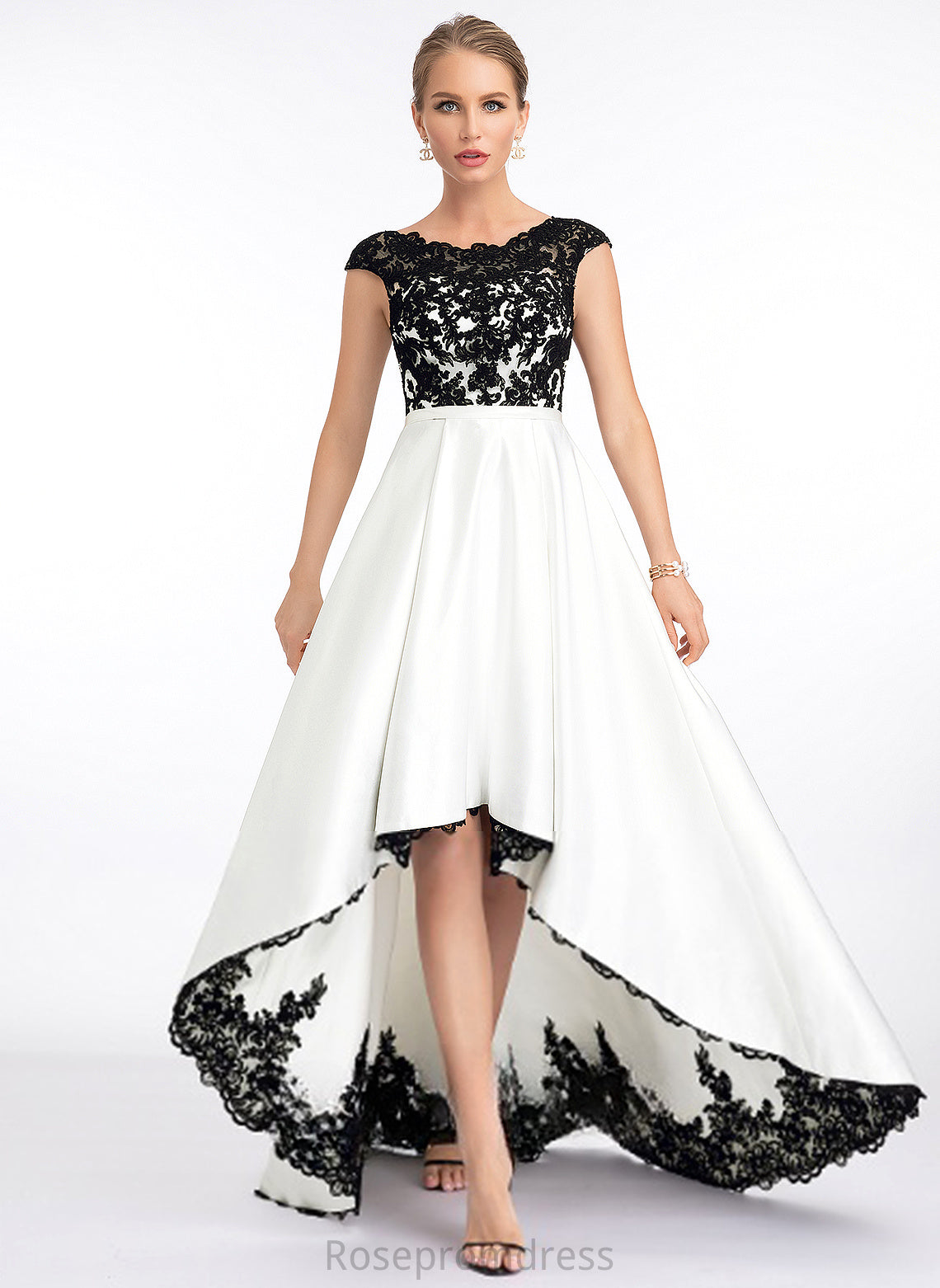 Scoop A-Line Illusion Asymmetrical Satin Alma Prom Dresses Lace