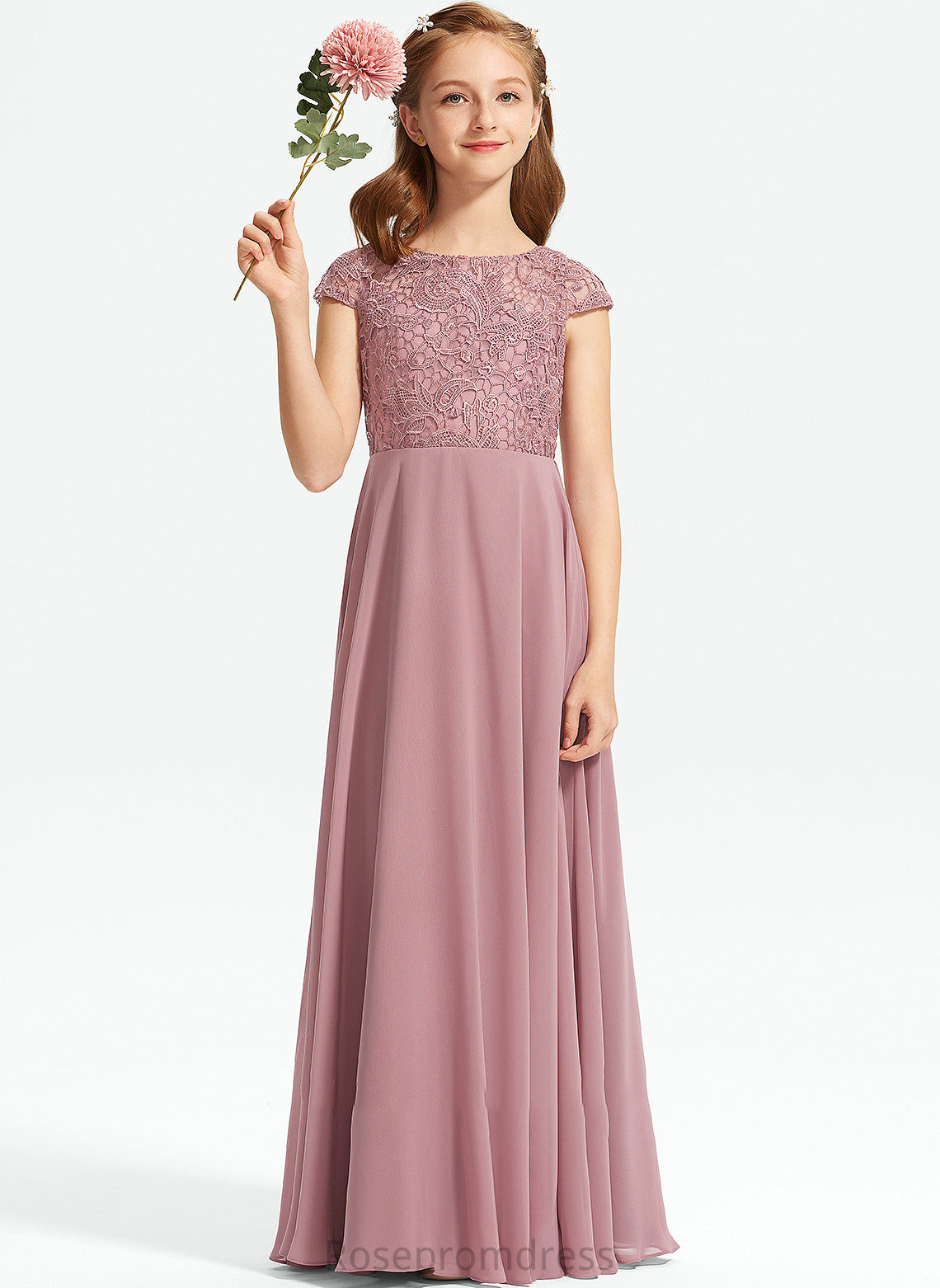 A-Line Chiffon Addyson Scoop Lace Neck Floor-Length Junior Bridesmaid Dresses