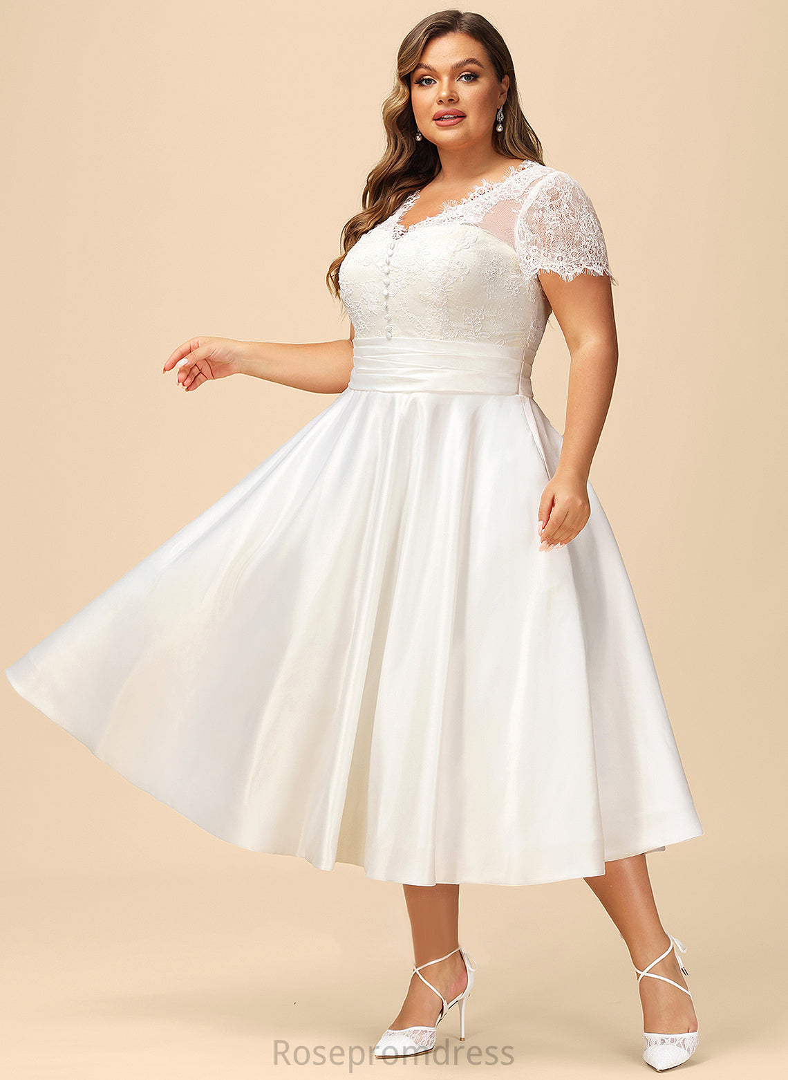 Ruffle A-Line Tea-Length Wedding Dresses Dress With Satin Wedding V-neck Lace Annalise