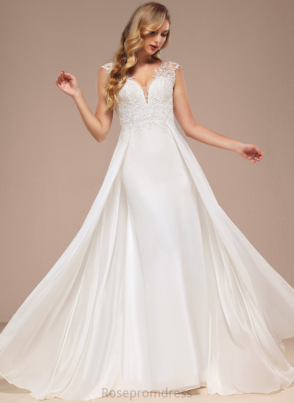 Wedding Dresses Train V-neck Sweep A-Line Emilee Dress Chiffon Lace Wedding