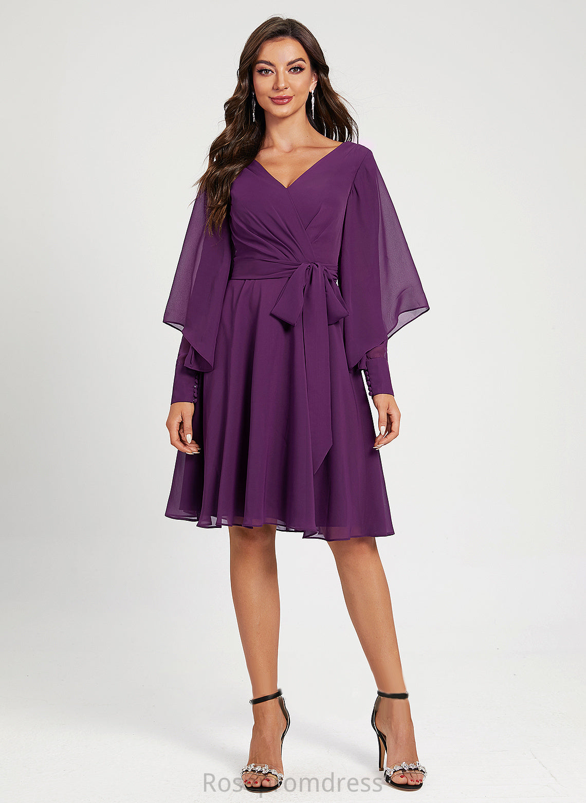 V-neck Sash Dylan Knee-Length Pleated Chiffon Cocktail Dresses A-Line With Cocktail Dress