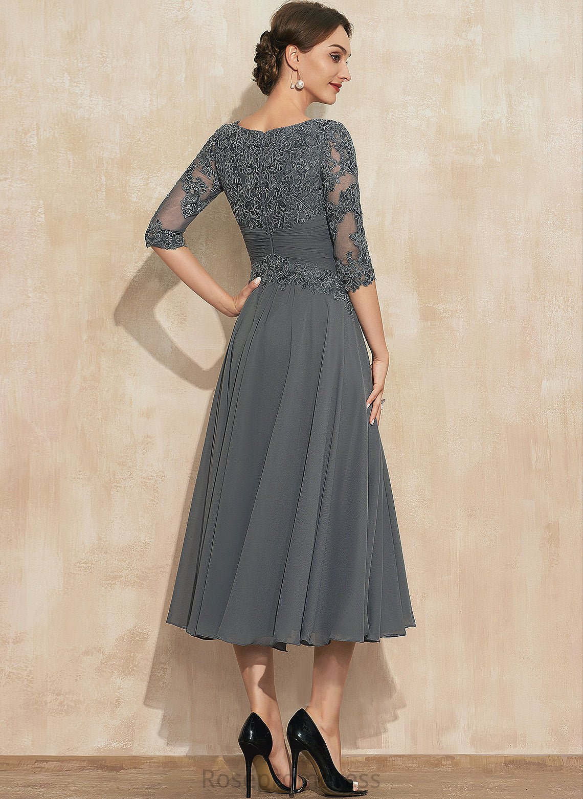 Mother of the Bride Dresses A-Line Mother Tea-Length Chiffon the Scoop Neck Dress With Elle of Sequins Bride Lace