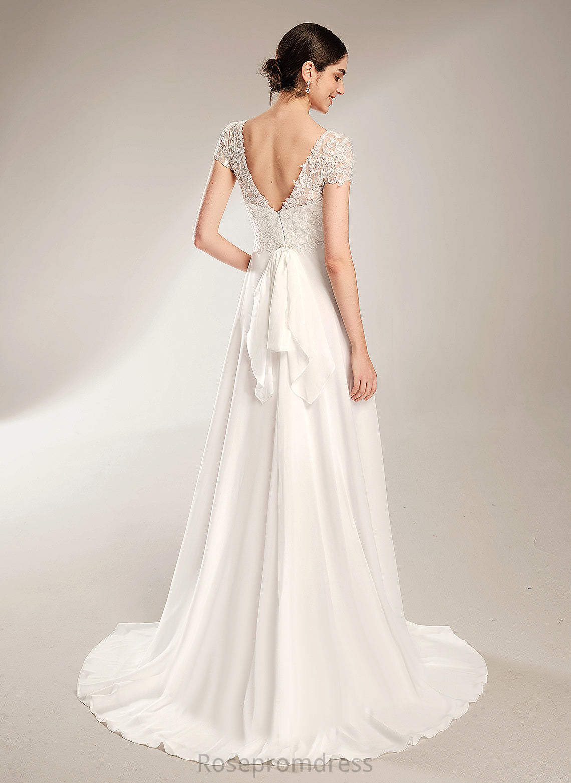 Wedding Melany Chiffon Bow(s) Lace Wedding Dresses V-neck A-Line Court With Dress Train