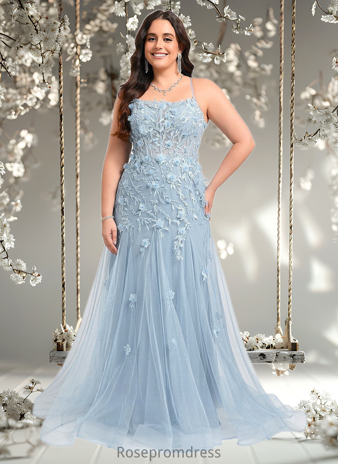 Noemi Trumpet/Mermaid Straight Sweep Train Tulle Prom Dresses With Flower DSP0025866