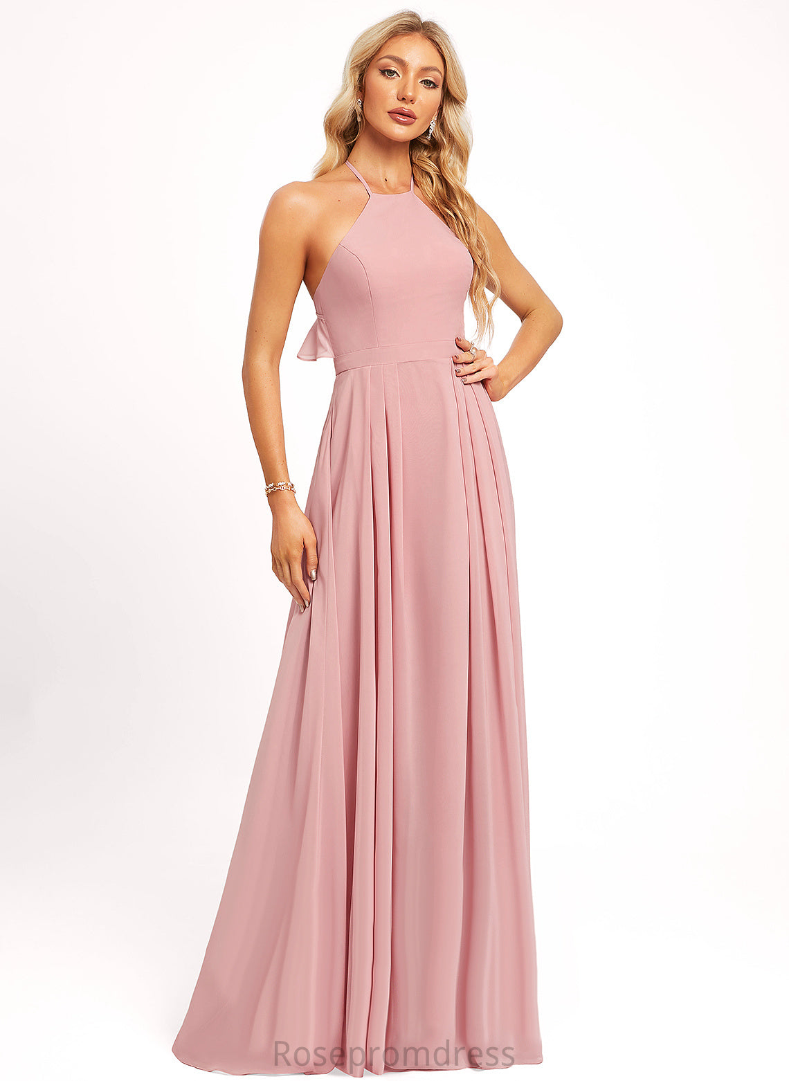 A-line Fabric Straps&Sleeves Neckline Silhouette Halter Length Floor-Length Journey Natural Waist Scoop Sleeveless Bridesmaid Dresses