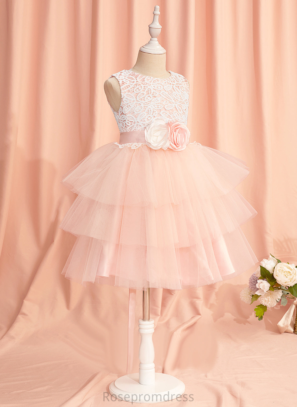 Flower Girl Dresses Lace/Flower(s)/Back Knee-length Dress Hole Satin/Tulle With Ball-Gown/Princess - Scoop Flower Girl Sleeveless Cloe Neck