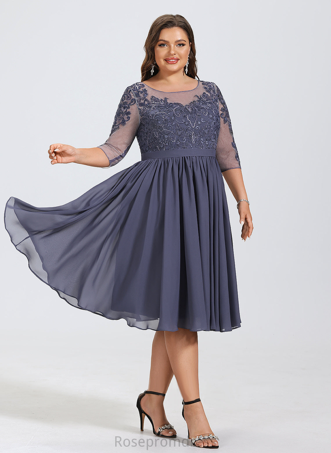 A-Line Dress Cocktail Neck Lace Cocktail Dresses With Sequins Gemma Scoop Knee-Length Chiffon