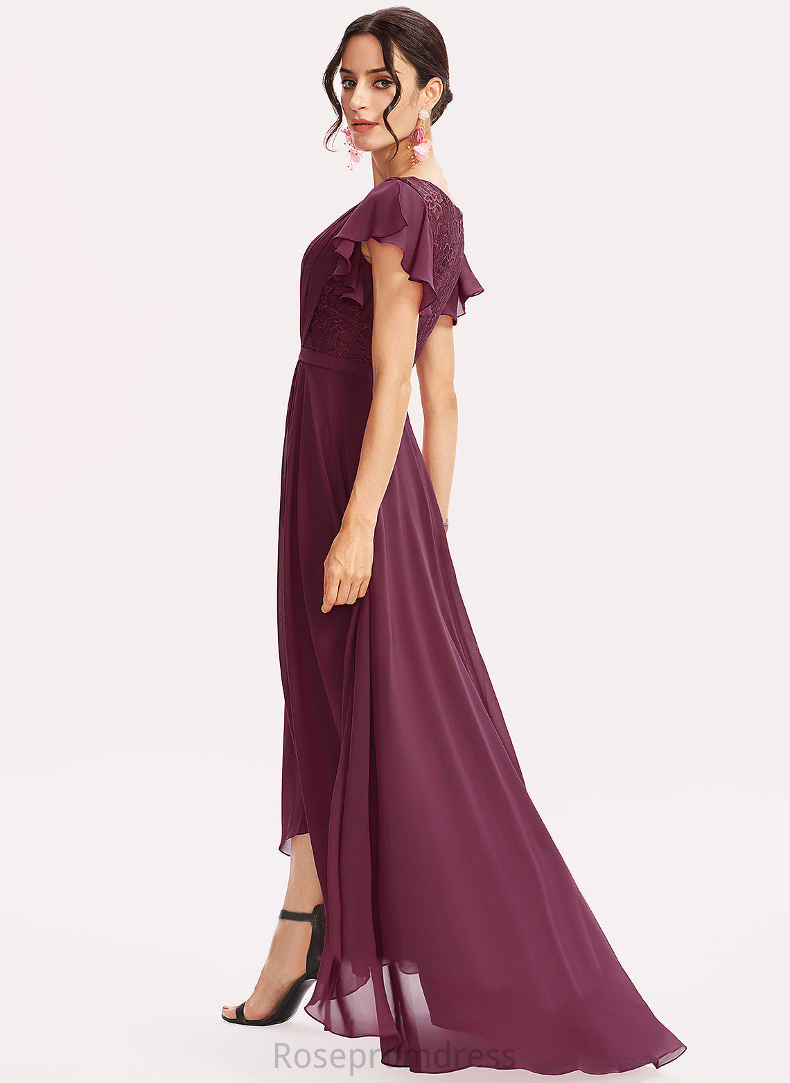 Ruffles A-Line Cocktail Cascading Dress Lindsey Asymmetrical Lace Chiffon Cocktail Dresses With V-neck