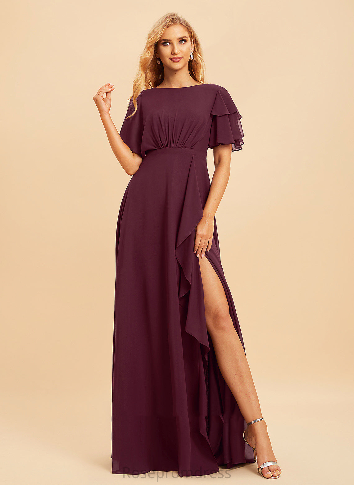 ScoopNeck Ruffle Fabric SplitFront Floor-Length A-Line Length Silhouette Embellishment Neckline Jimena Bridesmaid Dresses