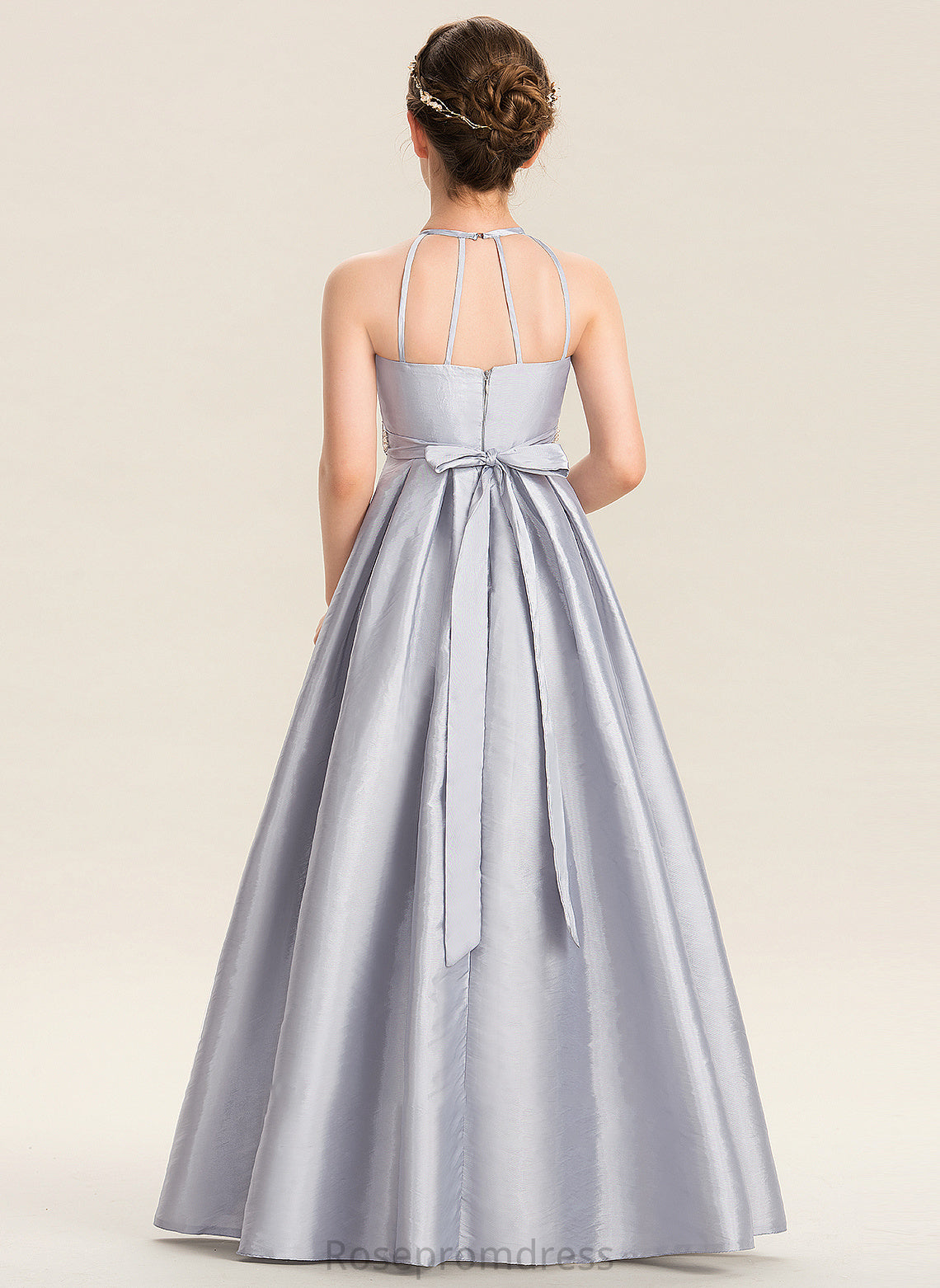 A-Line Bow(s) Beading Floor-Length Taffeta Averi Neck Junior Bridesmaid Dresses Scoop With