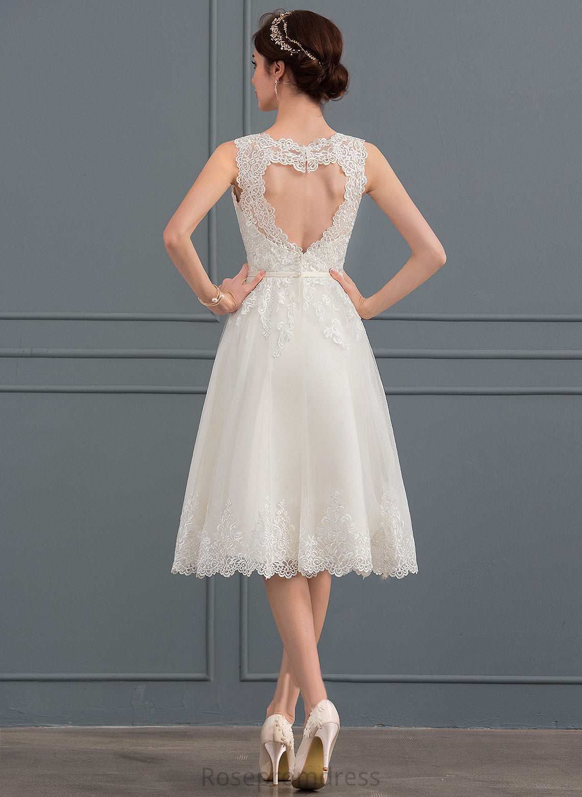 Wedding Dresses Dress Lace A-Line With Illusion Knee-Length Mikaela Wedding Satin Bow(s) Tulle