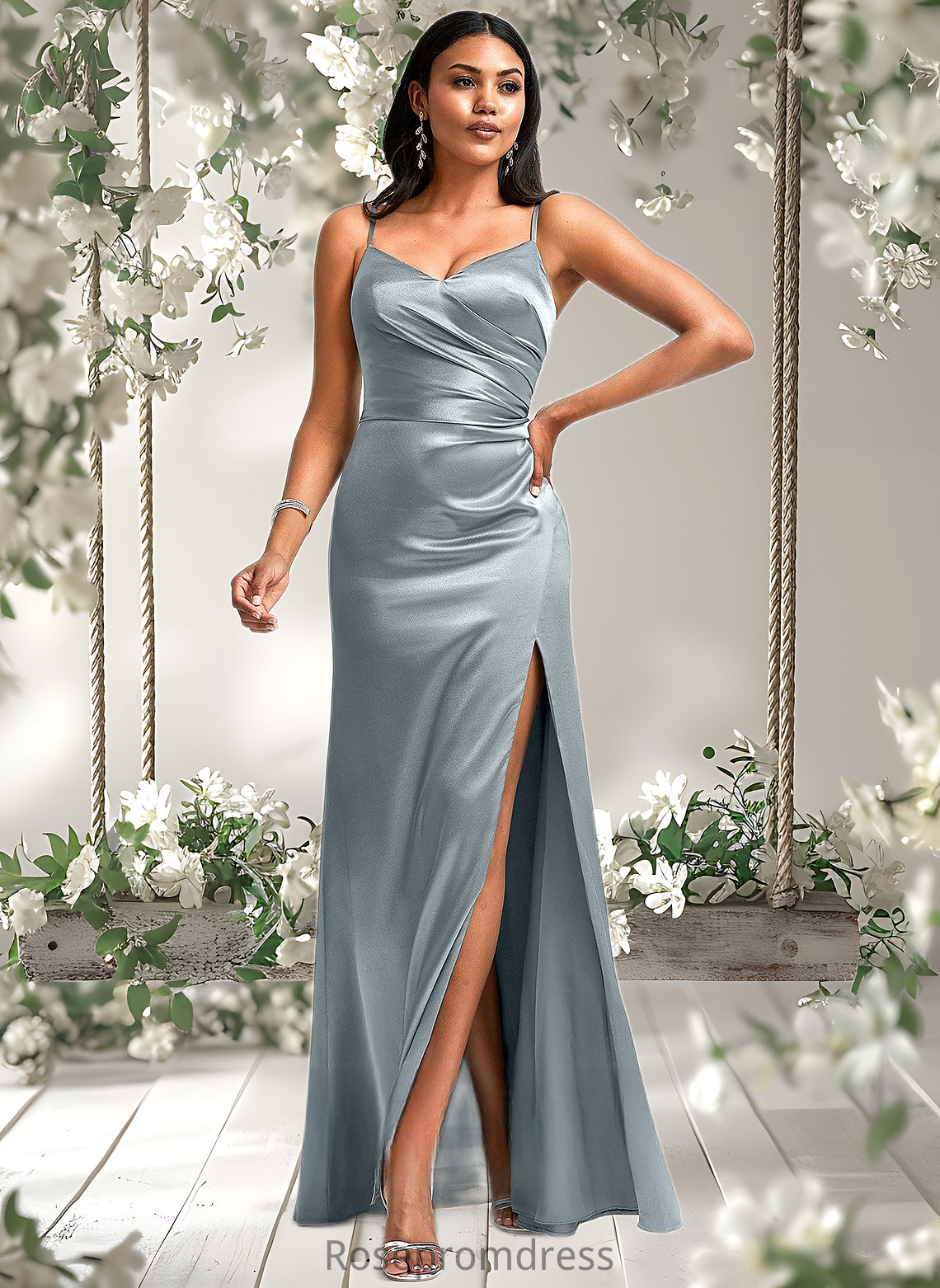 Carlie A-line V-Neck Floor-Length Stretch Satin Bridesmaid Dress DSP0025728