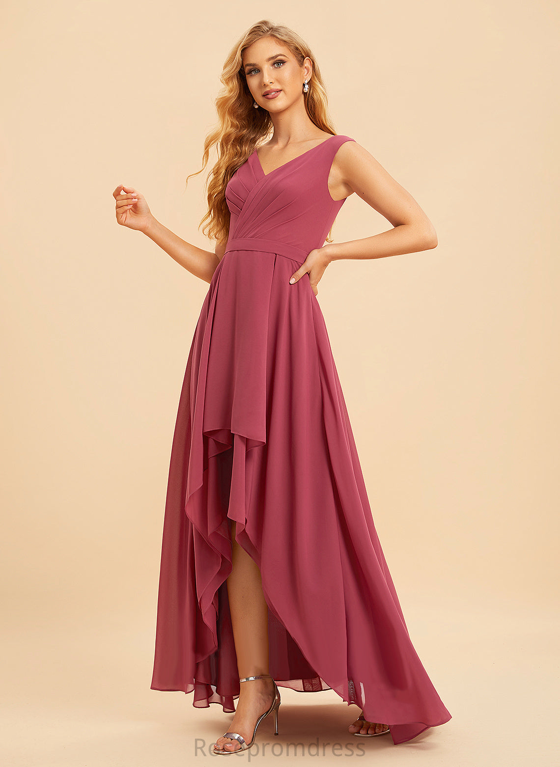 Ruffle Silhouette Neckline V-neck Asymmetrical Length Fabric A-Line Embellishment Arabella Spaghetti Staps Sleeveless Bridesmaid Dresses