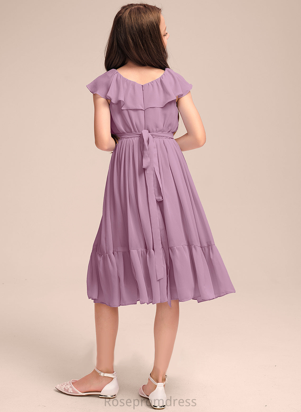 Junior Bridesmaid Dresses Scoop Cascading Bow(s) Knee-Length Chiffon Ruffles With A-Line Neck Eleanor