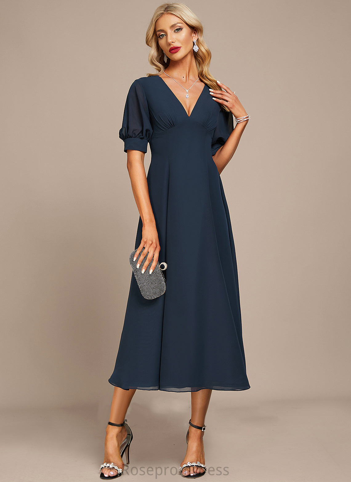 Ruffle Veronica Cocktail Dress A-Line With V-neck Cocktail Dresses Tea-Length Chiffon