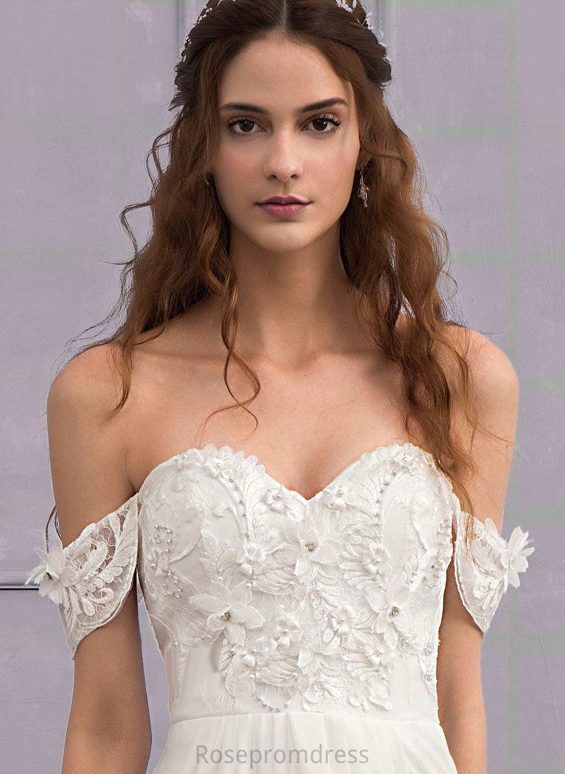 Michaelia Train Lace Flower(s) Sweep Off-the-Shoulder Wedding Dresses Dress Wedding A-Line Chiffon With Beading