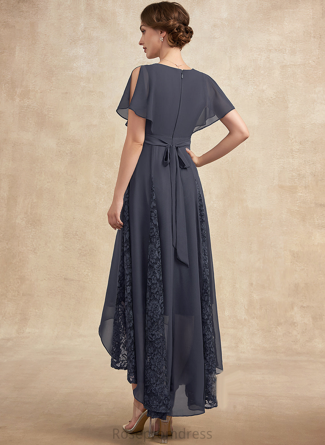 With Dress Asymmetrical Ruffle A-Line Sabrina of Mother Lace V-neck the Mother of the Bride Dresses Chiffon Bride