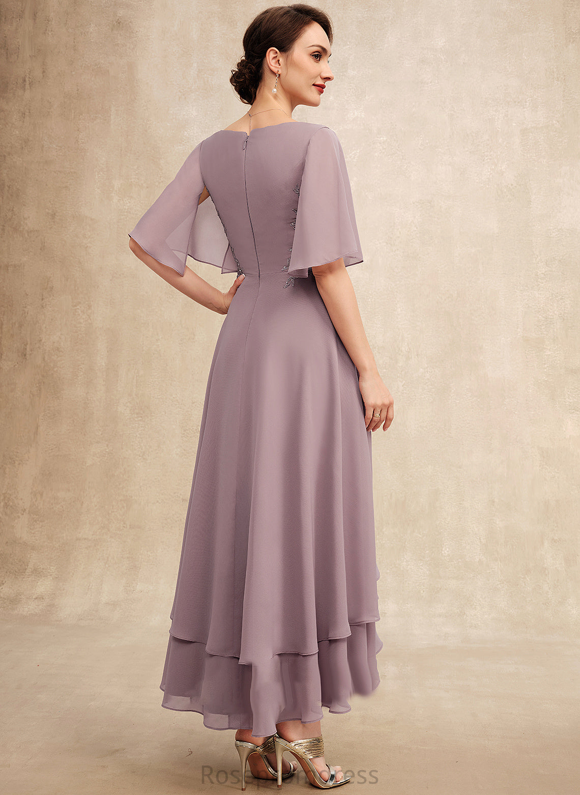 the Beading Ruffle Dress Bride of Asymmetrical Mother of the Bride Dresses Chiffon With A-Line Makaila Mother V-neck Lace