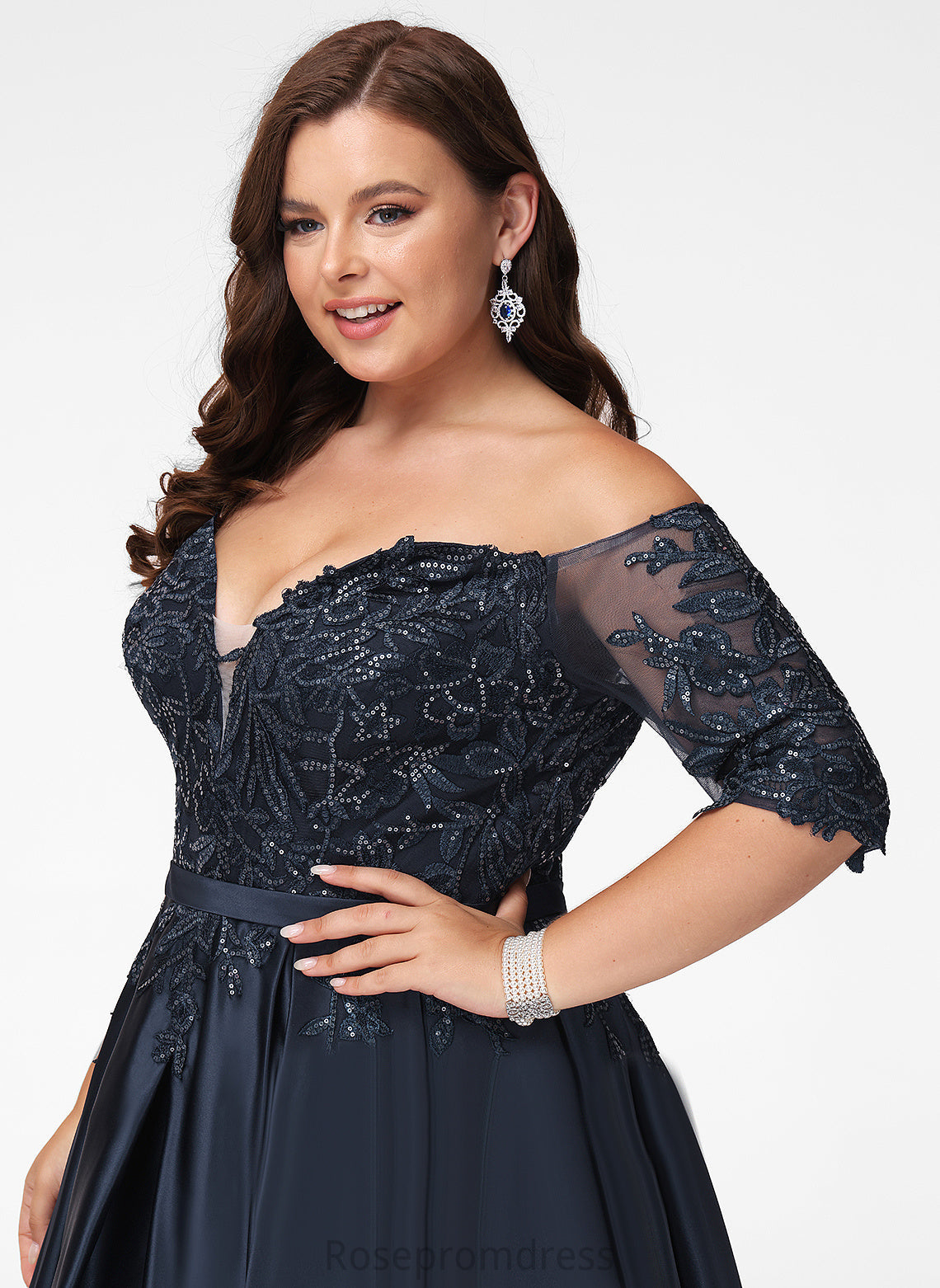 Asymmetrical With Khloe A-Line Sequins Prom Dresses Off-the-Shoulder Lace Satin