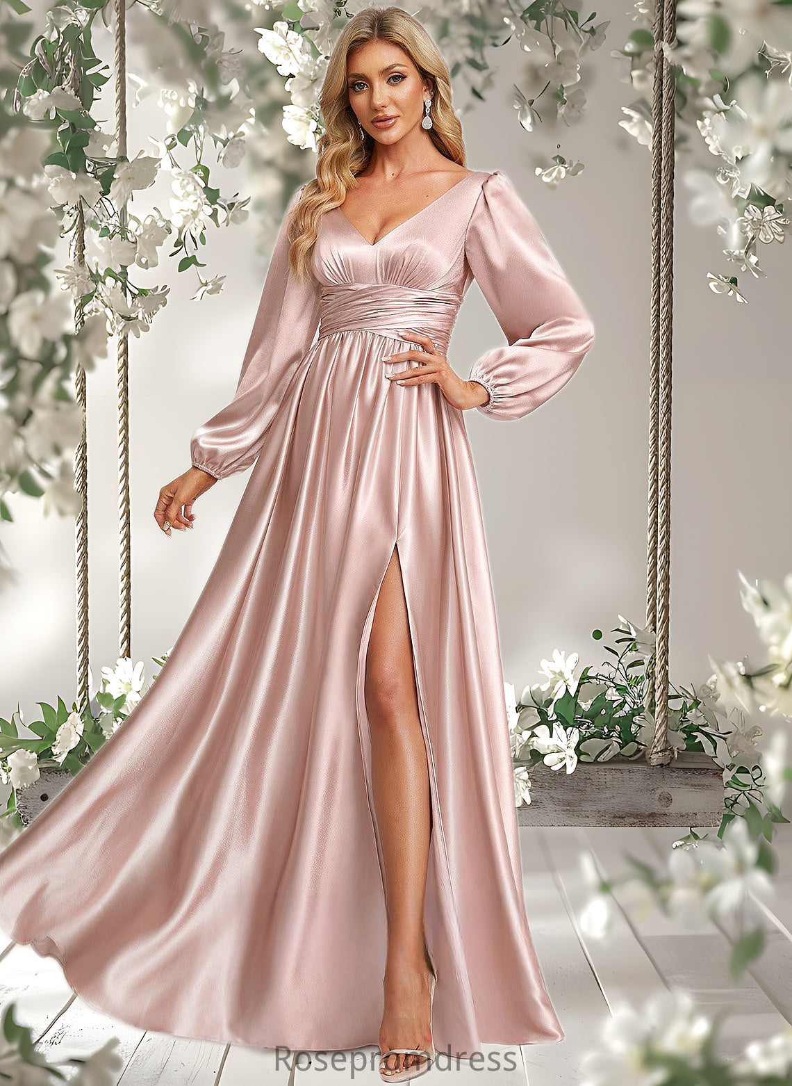 Logan A-line V-Neck Floor-Length Stretch Satin Prom Dresses DSP0025880