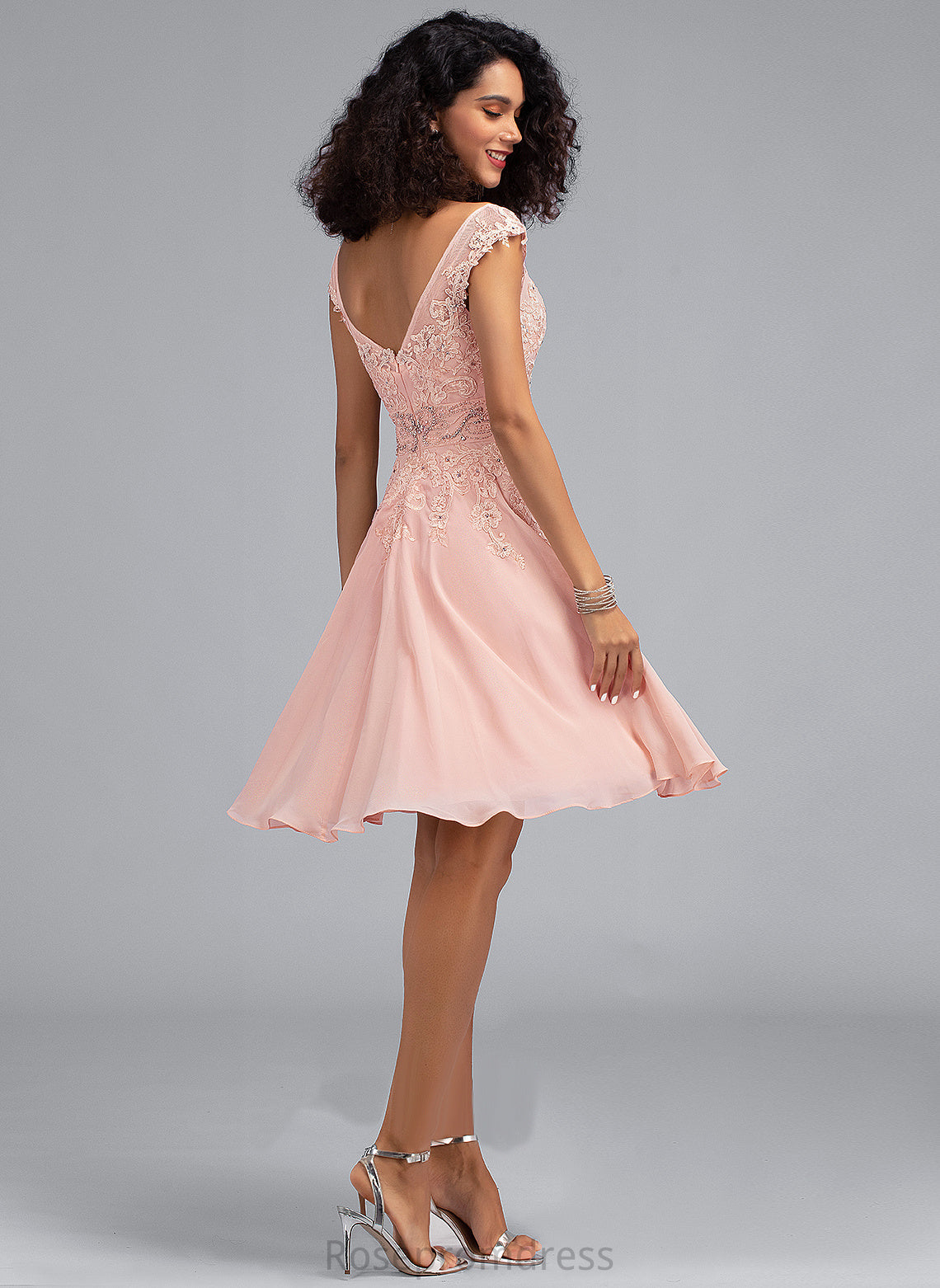 Homecoming Knee-Length Chiffon Maud With A-Line Homecoming Dresses Beading Lace V-neck Dress