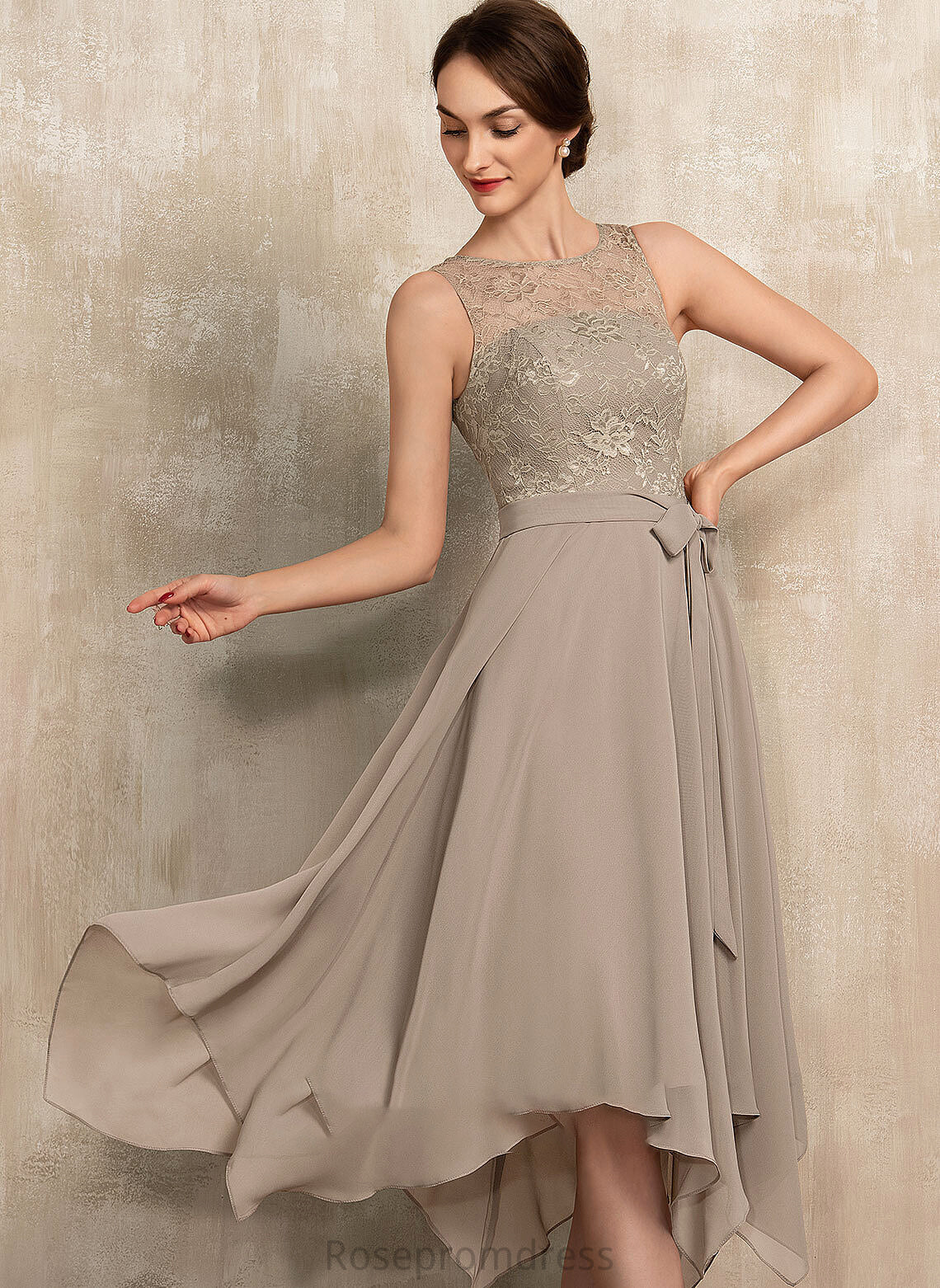 Bow(s) the Bride Chiffon Mother Jocelyn Mother of the Bride Dresses Tea-Length Neck of With Lace Scoop A-Line Dress