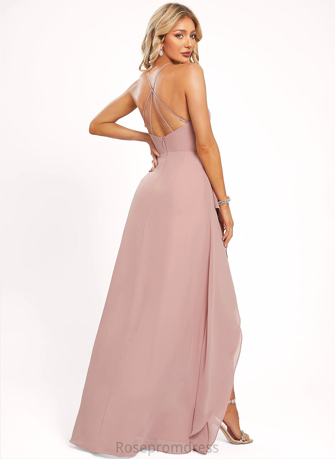 Asymmetrical Straps&Sleeves A-line Neckline Length Fabric Halter Silhouette Christine Floor Length Sleeveless Scoop Bridesmaid Dresses