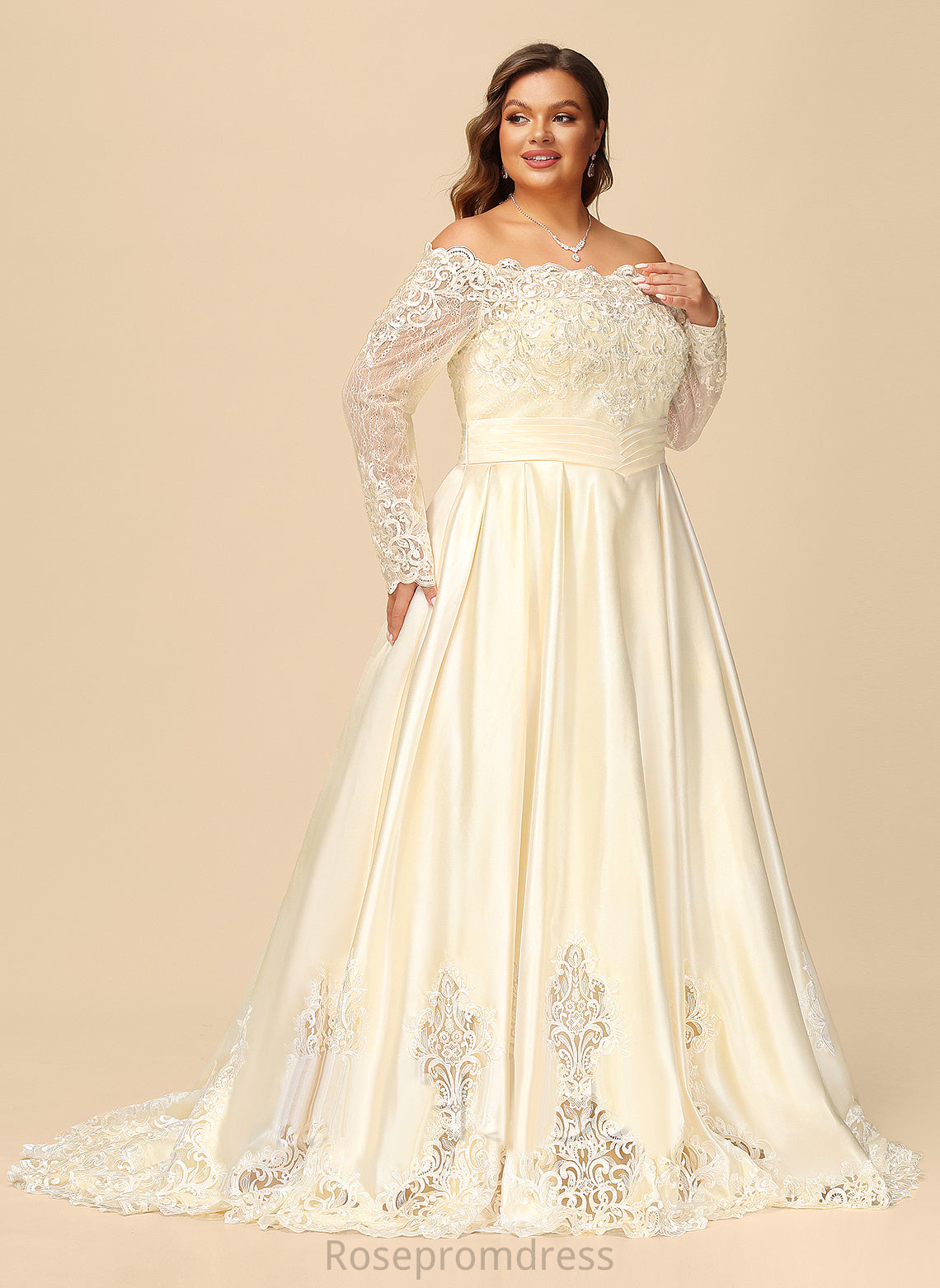 Alaina Sweep Off-the-Shoulder Wedding Sequins Wedding Dresses Lace Ball-Gown/Princess Train Dress With Beading Satin