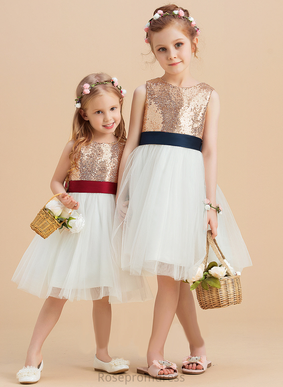 Knee-length Flower (Undetachable Girl Neck Sleeveless With Dress A-Line Satin/Tulle/Sequined Sequins/Bow(s) Flower Girl Dresses Scoop Paityn sash)