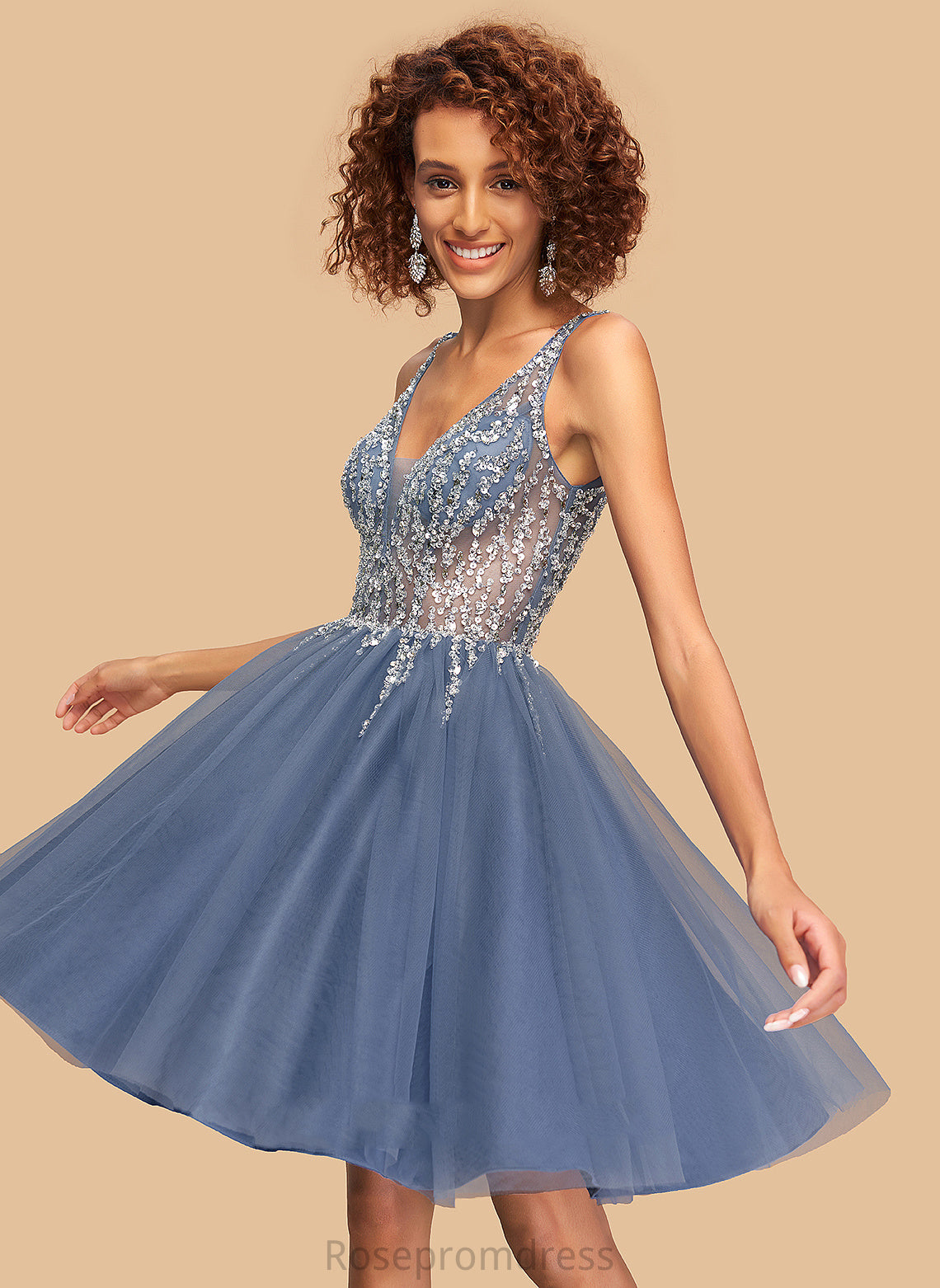 Sequins V-neck Dress Short/Mini Homecoming With A-Line Homecoming Dresses Tulle Keyla Beading