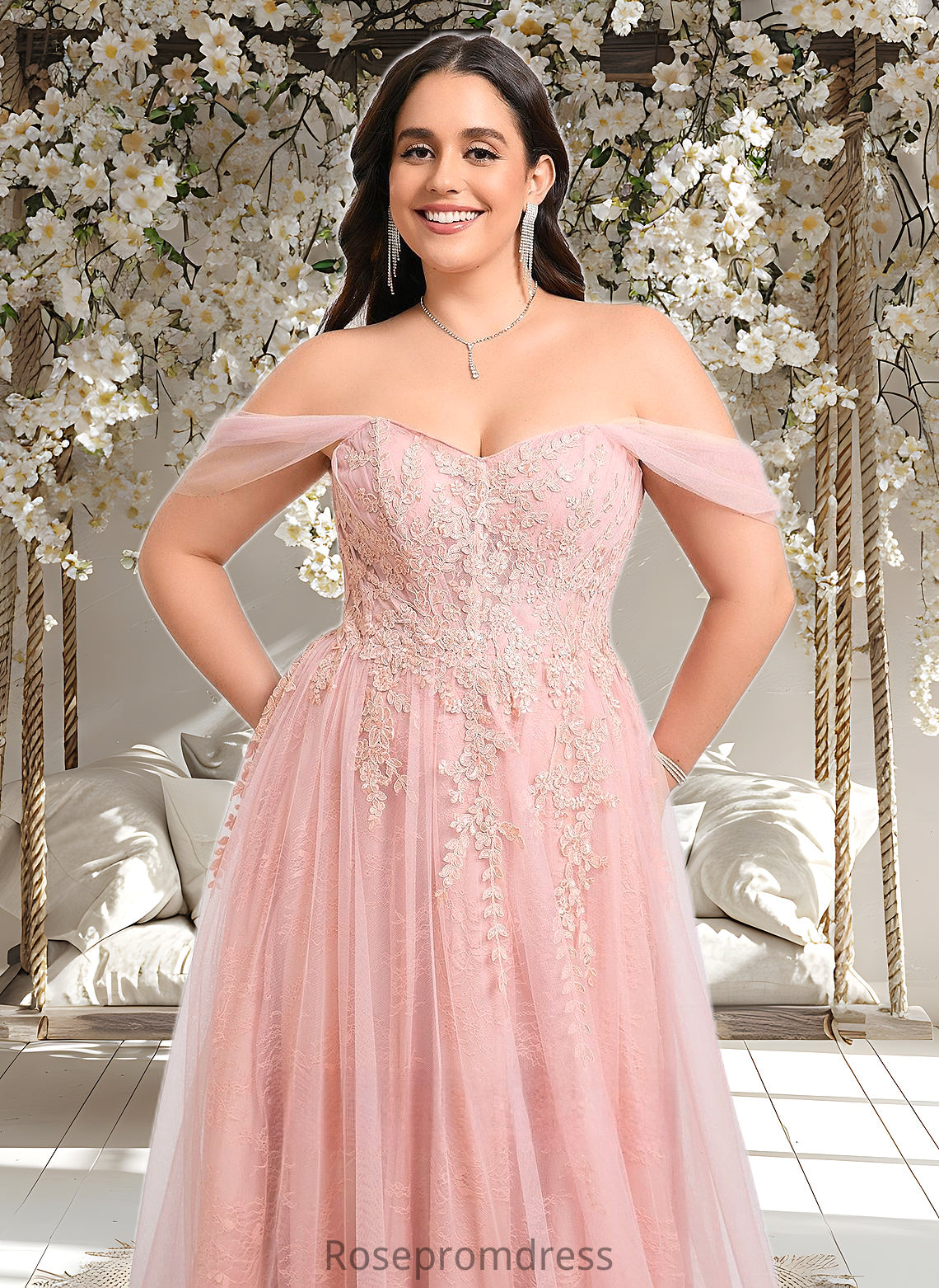 Monique A-line Sweetheart Off the Shoulder Floor-Length Tulle Floral Lace Prom Dresses With Appliques Lace DSP0025870