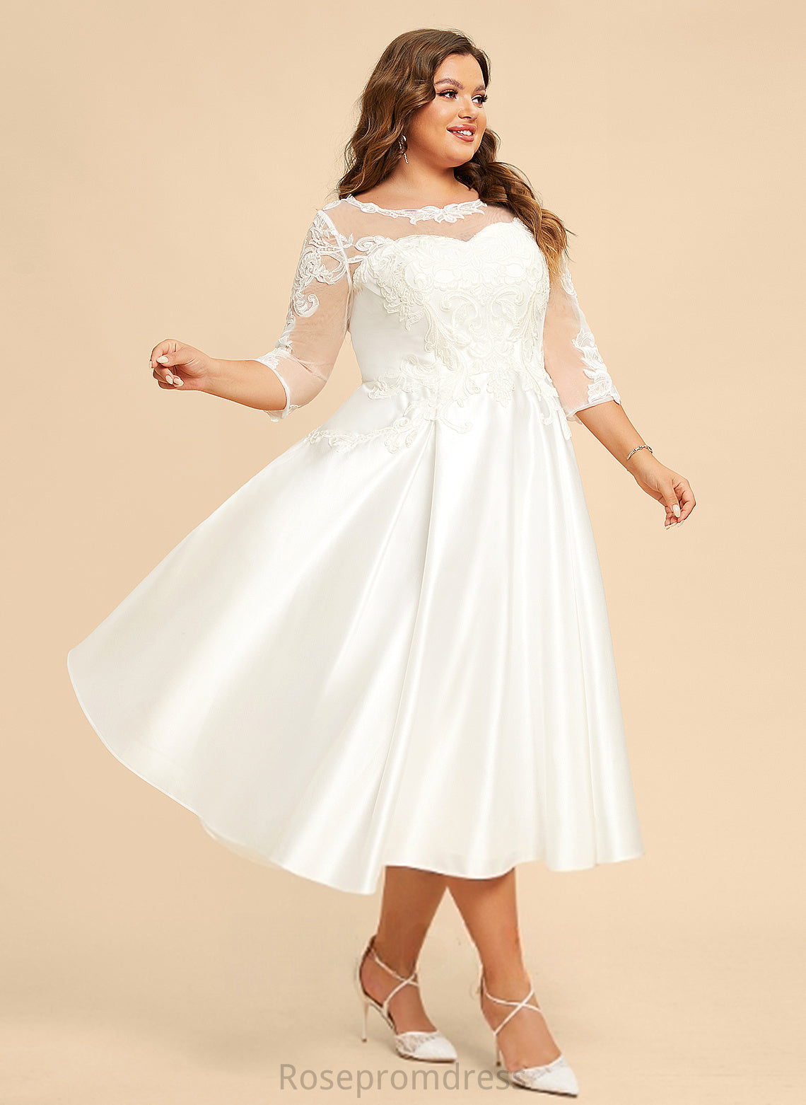 Illusion Satin Tea-Length Wedding A-Line Wedding Dresses Lace Miah Dress