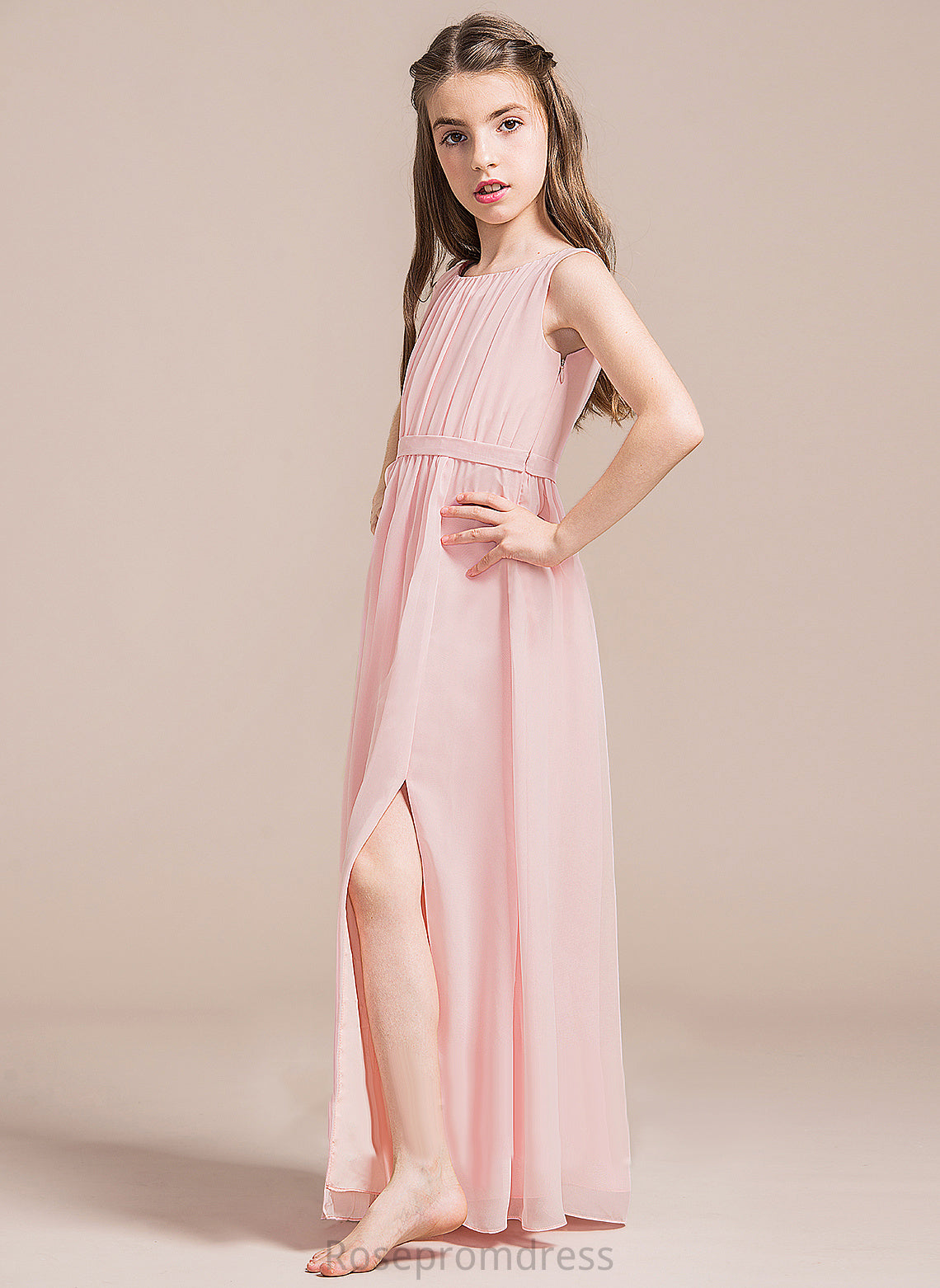 Junior Bridesmaid Dresses Rachael Neck Floor-Length Chiffon A-Line Split Scoop Front With Ruffle