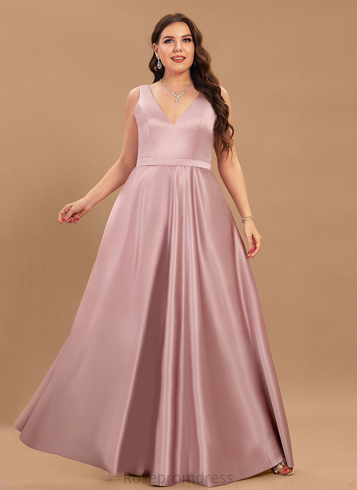 Straps&Sleeves Fabric V-neck Silhouette Floor-Length A-Line Length Neckline Satin Mira Bridesmaid Dresses