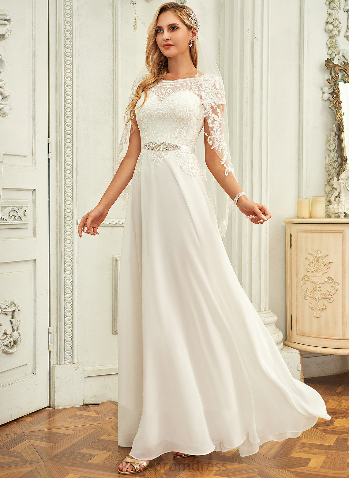 With Dress Sequins Wedding Dresses Lace Wedding Nevaeh Chiffon Floor-Length Scoop Neck