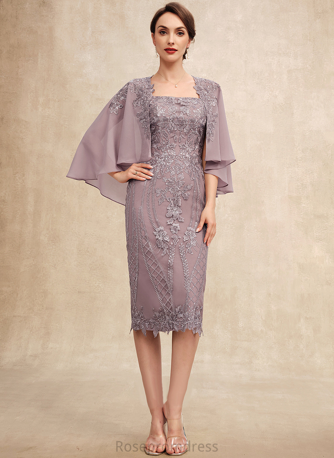 With Neckline Bride Sequins Chiffon of the Sheath/Column Alice Mother of the Bride Dresses Square Knee-Length Mother Dress Lace