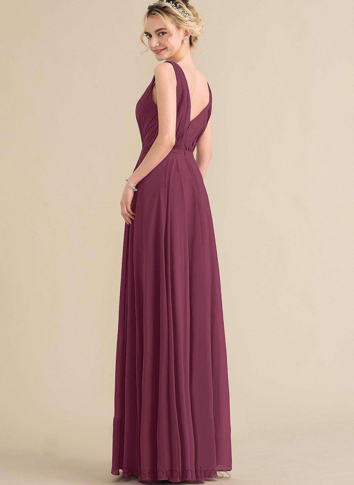 A-Line Floor-Length Pleated Chiffon Prom Dresses V-neck With Violet