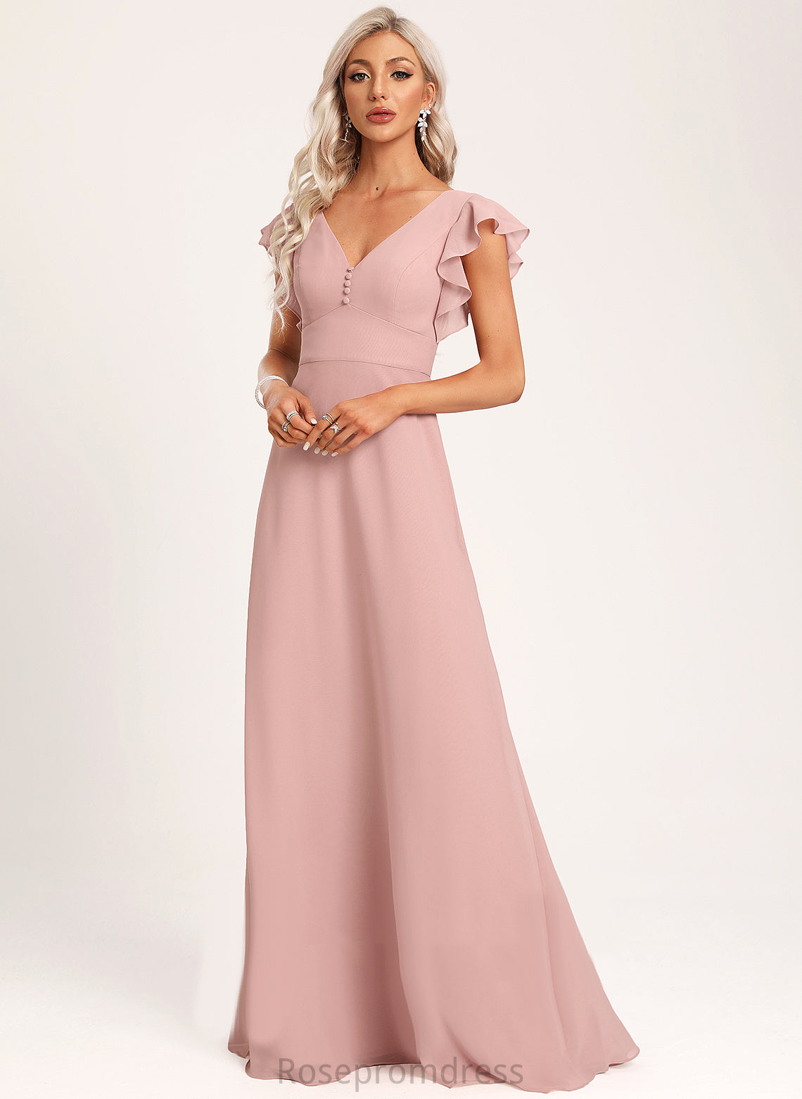 Fabric Floor-Length Length Silhouette Embellishment A-Line V-neck Ruffle Neckline Ivy Bridesmaid Dresses