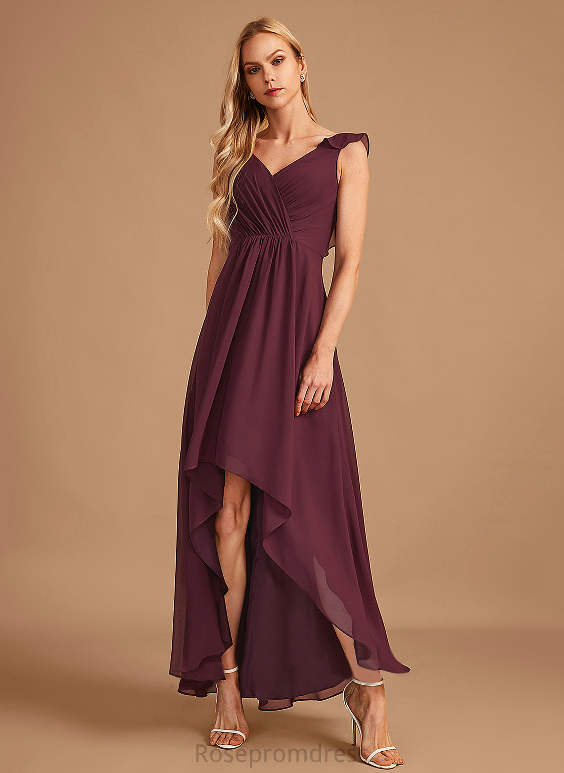 Asymmetrical Ruffle Silhouette Neckline Embellishment Length V-neck A-Line Fabric Mattie Bridesmaid Dresses