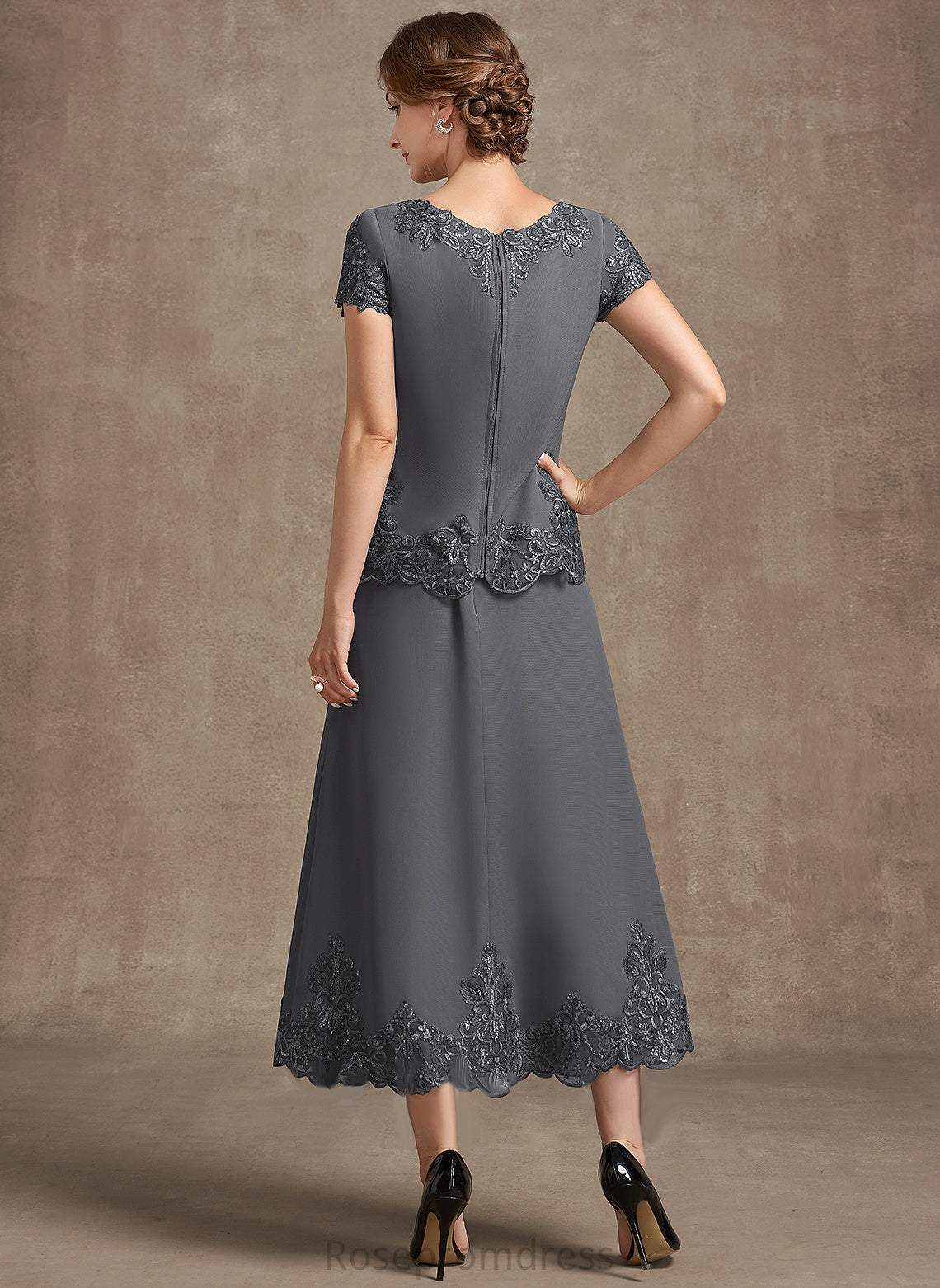 Scoop the Mother Sequins Chiffon Bride Dress Andrea Tea-Length Neck Mother of the Bride Dresses A-Line With Lace of